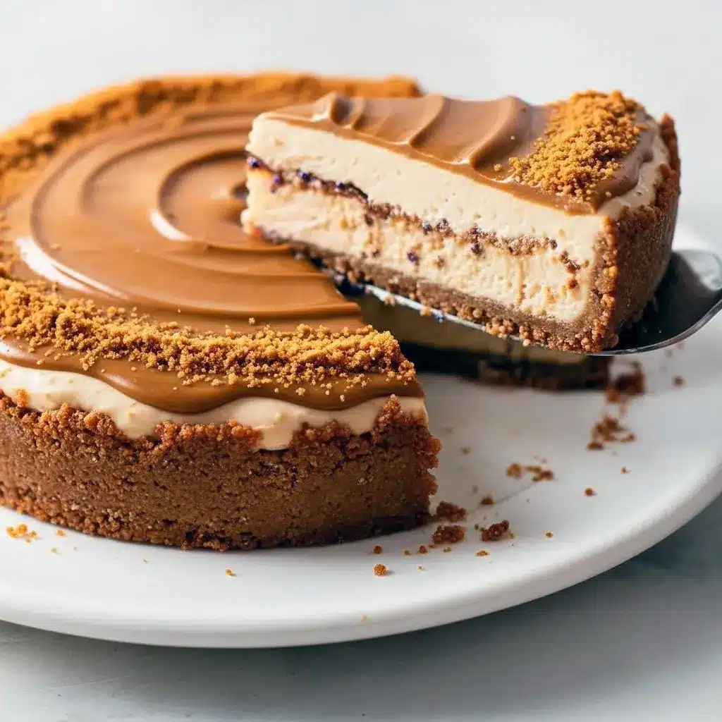 A rich, creamy Biscoff Cheesecake topped with melted cookie butter and cookie crumbles — the Easiest No Bake Cheesecake for summer parties and dessert lovers.