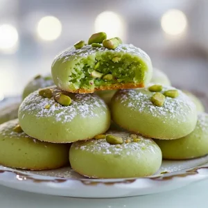 Close-up of powdered-sugar dusted Pistachio Wedding Cookies (pale green) arranged with sliced Pistachio Bars and mini Pistachio Petit Four, showing the tender crumb of these Pistachio Cookies inspired by Sicilian Cookies — a pretty platter of Green Cookies and bite-sized Pistachio Dessert ideas from my go-to Pistachio Recipes collection.