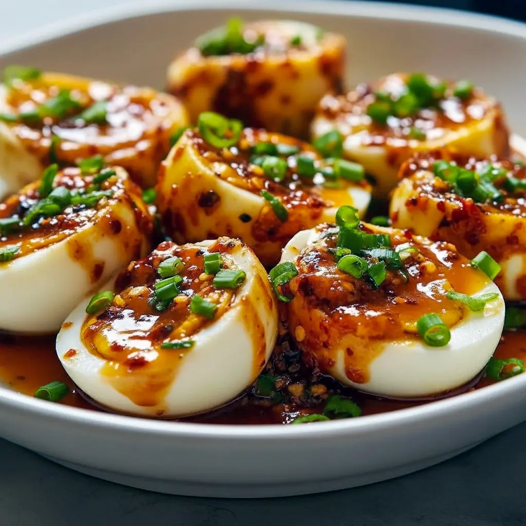 Close-up of halved deviled eggs topped with chili-garlic and herbs — a bold Spicy Egg Recipes idea and tasty Snack Ideas Spicy, plated with dipping Boiled Egg Sauce for more flavor and perfect for new Boiled Eggs Ideas.