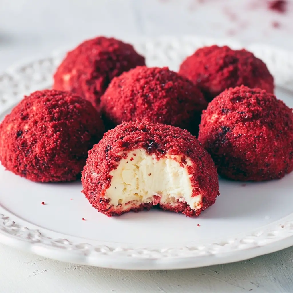 Close-up of glossy red velvet cheesecake bites coated in fine red cake crumbs, arranged on a white serving platter with a drizzle of white chocolate.