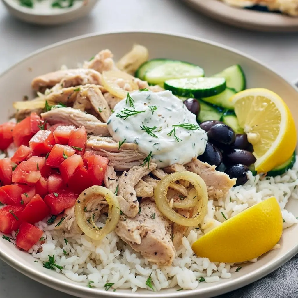 Shredded Greek chicken in a slow cooker with lemon wedges, fresh oregano, and bowls of rice and salad ready for serving.
