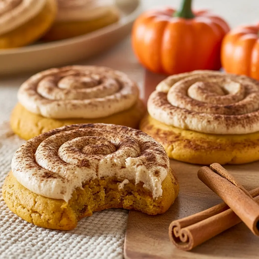 A stack of frosted pumpkin cookies on a rustic plate topped with cinnamon dust — showcasing Soft Pumpkin Cookies With Cinnamon Frosting from a roundup of Fall Inspired Baking Recipes and Fall Treats Baking, great Things To Bake With Pumpkin, part of Cute Fall Baking Recipes, easy Dairy Free Fall Cookies option, classic Homemade Fall Cookies, a contender for Best Fall Recipes Dessert, labeled Cinnamon Pumpkin Cookies.