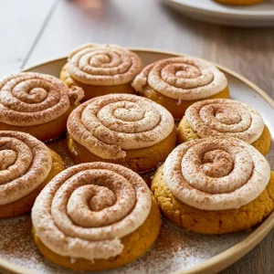 A stack of frosted pumpkin cookies on a rustic plate topped with cinnamon dust — showcasing Soft Pumpkin Cookies With Cinnamon Frosting from a roundup of Fall Inspired Baking Recipes and Fall Treats Baking, great Things To Bake With Pumpkin, part of Cute Fall Baking Recipes, easy Dairy Free Fall Cookies option, classic Homemade Fall Cookies, a contender for Best Fall Recipes Dessert, labeled Cinnamon Pumpkin Cookies.