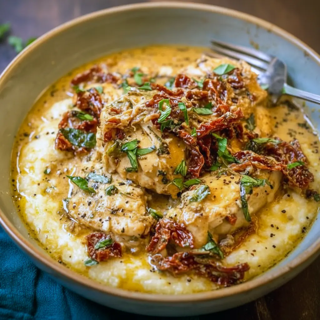 Savory Crockpot Chicken — creamy sun-dried tomato chicken served over pasta, topped with fresh basil and lemon zest.