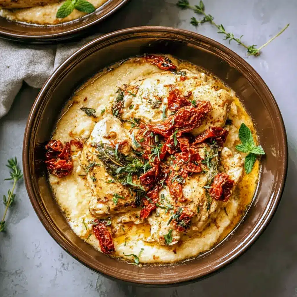 Savory Crockpot Chicken — creamy sun-dried tomato chicken served over pasta, topped with fresh basil and lemon zest.
