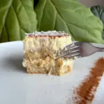 Tiramisu Recipe — close-up of a coconut-rum tiramisu slice showing creamy mascarpone layers, toasted coconut flakes, and a cinnamon dusting.