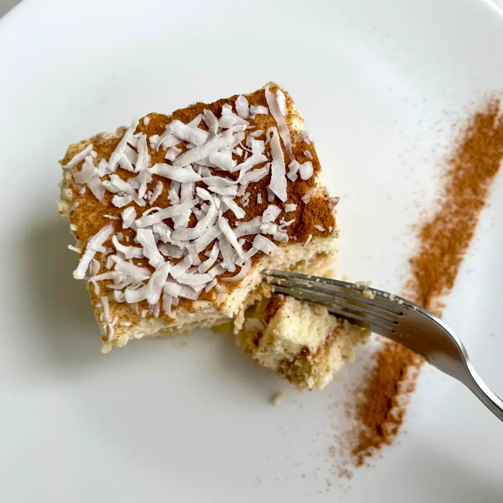 Tiramisu Recipe — close-up of a coconut-rum tiramisu slice showing creamy mascarpone layers, toasted coconut flakes, and a cinnamon dusting.
