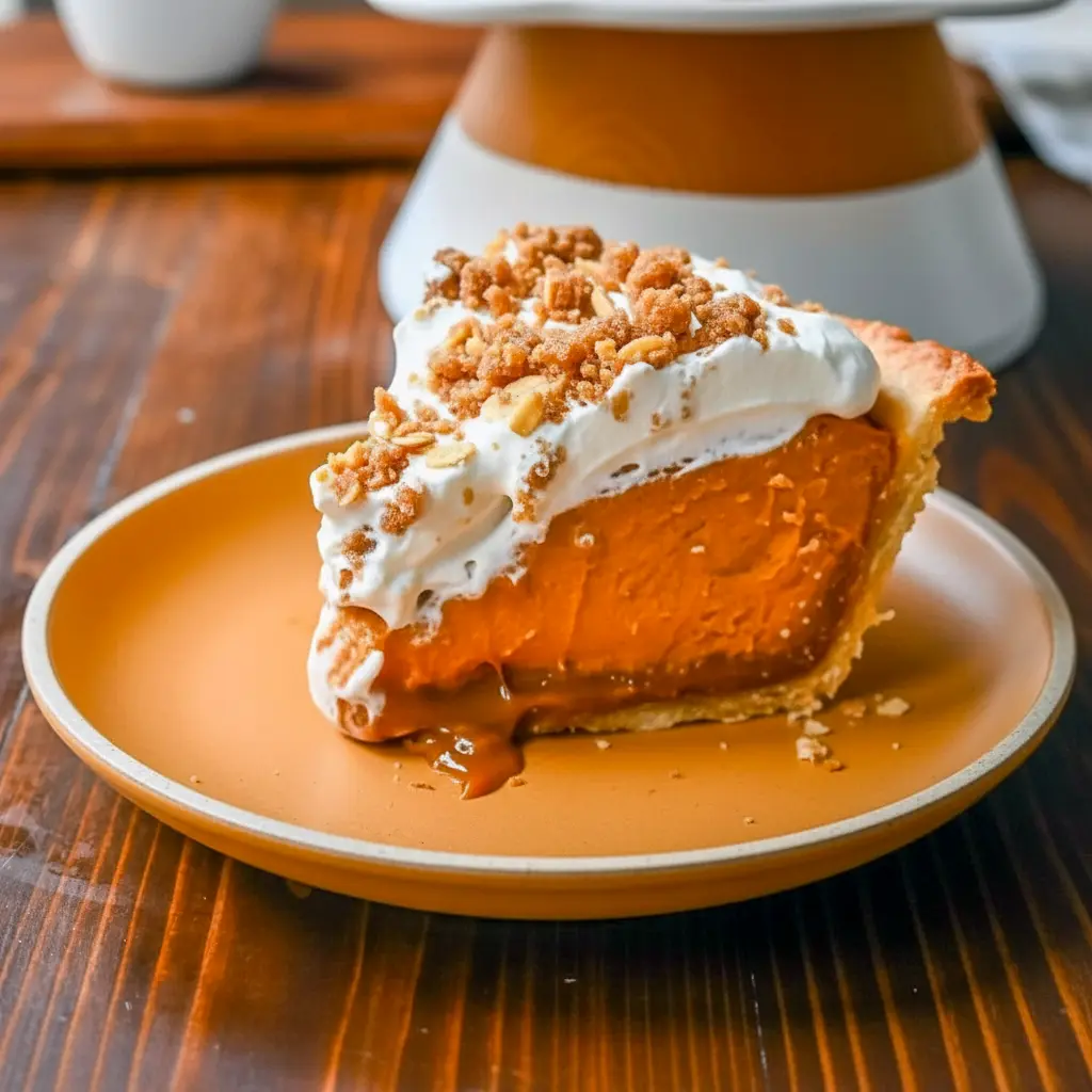 Slice of pumpkin caramel pie with streusel crust and glossy caramel drizzle on a white plate, showing layers of spiced pumpkin filling and crunchy topping, Milk Pumpkin Pie.