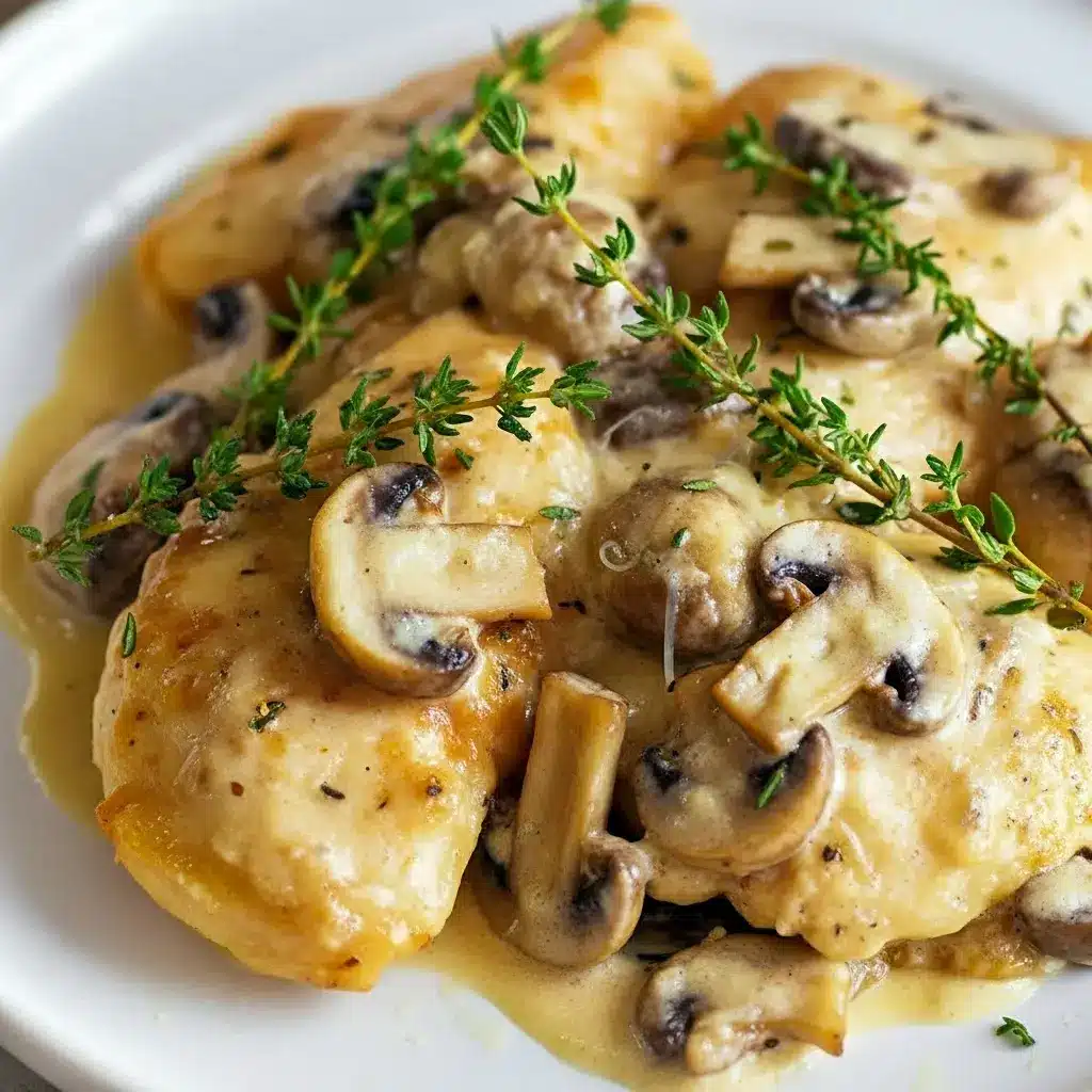 Creamy skillet of Asiago Chicken with mushrooms and thyme — an easy gourmet-style Winner Winner Chicken Dinner packed with flavor and perfect for weeknight Chicken Main Dishes.