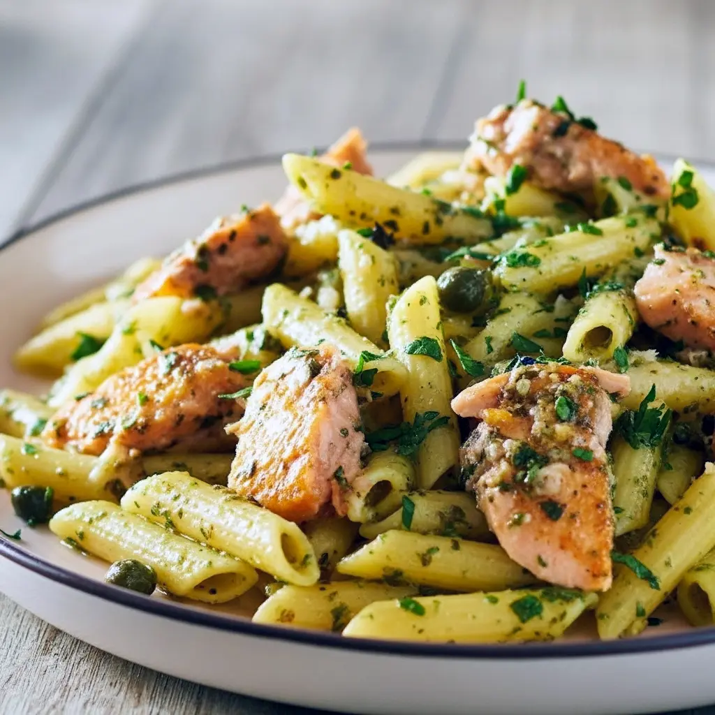 Golden seared salmon chunks tossed with pesto-coated penne, lemon wedge and grated parmesan — a bright Pescatarian Pasta plate ready to serve, Pesto Salmon Dish.