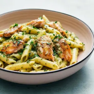 Golden seared salmon chunks tossed with pesto-coated penne, lemon wedge and grated parmesan — a bright Pescatarian Pasta plate ready to serve.
