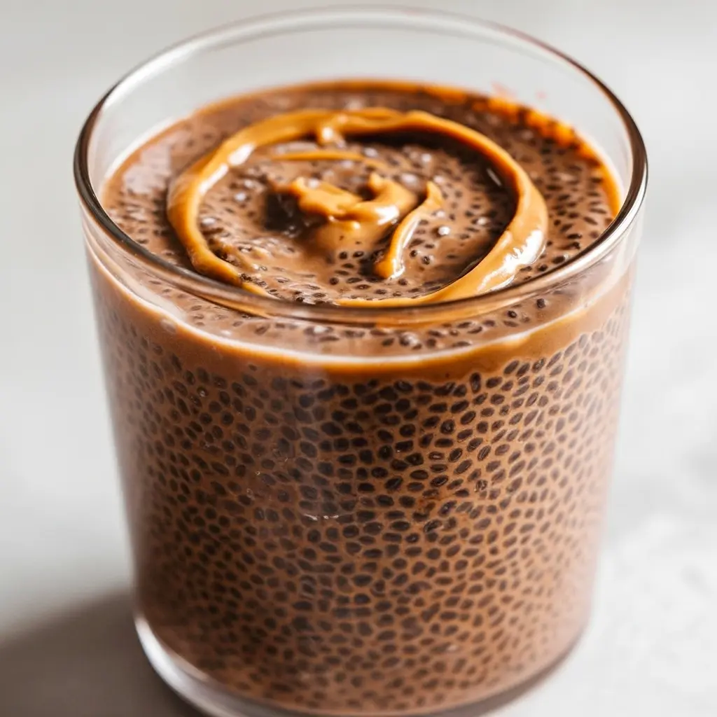 Jar of chocolate-peanut butter chia pudding topped with sliced banana and crushed peanuts — high-protein Protein Chia Seed Pudding ready to eat.
