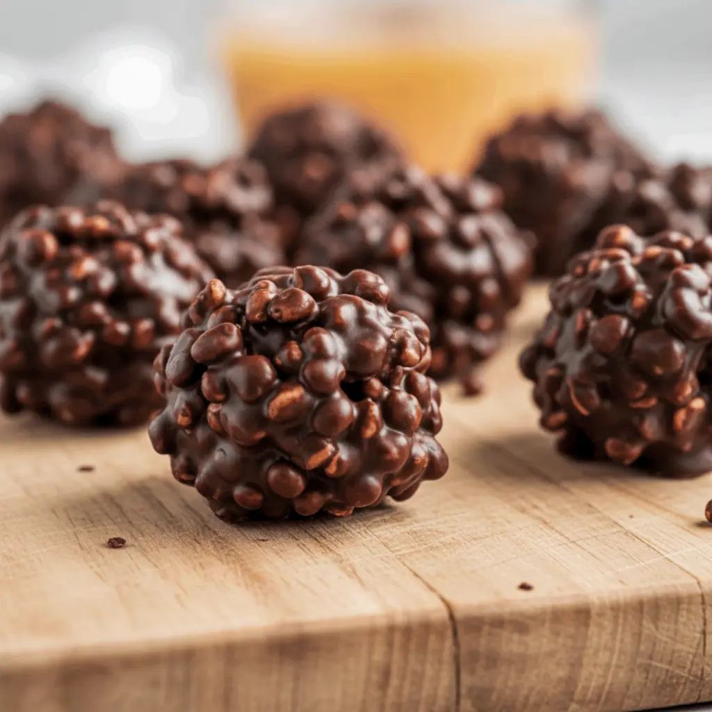 Healthy And Easy Desserts — close-up of glossy dark chocolate quinoa crisps stacked on parchment, showing airy puffed quinoa and a shiny chocolate coating.