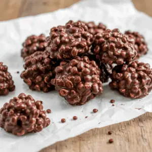 Healthy And Easy Desserts — close-up of glossy dark chocolate quinoa crisps stacked on parchment, showing airy puffed quinoa and a shiny chocolate coating.