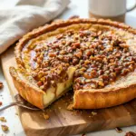 Close-up of a slice of creamy custard pie in an oat cookie crust, topped with caramelized pecans and glossy praline sauce, showing the smooth custard interior, Award Winning Pies Recipes.