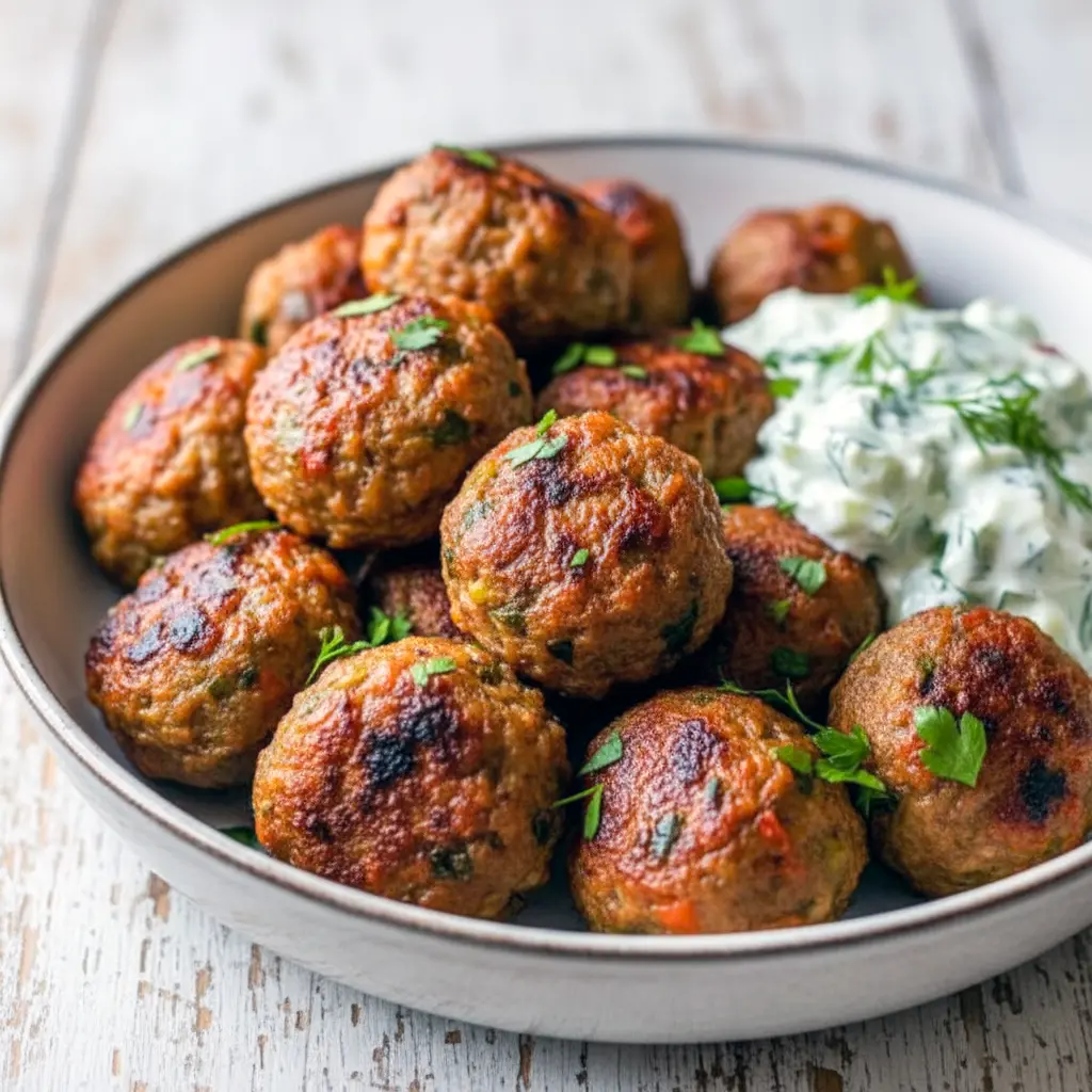 Lentil Dinner Recipes — golden-brown baked Greek lentil meatballs on a platter with tzatziki and fresh herbs, showing a hearty Green Lentil main; a visual nod to Recipes Using Lentils, versatile Meals With Lentils, everyday Lentil Meals, go-to Recipes With Lentils, classic Lentils Recipe, easy Lentil Dinner, and vibrant Green Lentil Recipes.
