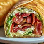 Close-up of crispy bacon, marinated tomatoes, and lettuce wrapped in a soft tortilla — a mouthwatering Blt Recipes Dinners idea featuring creamy secret sauce, perfect for Panini Wraps or Blt Pita lovers.