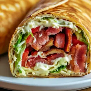Close-up of crispy bacon, marinated tomatoes, and lettuce wrapped in a soft tortilla — a mouthwatering Blt Recipes Dinners idea featuring creamy secret sauce, perfect for Panini Wraps or Blt Pita lovers.