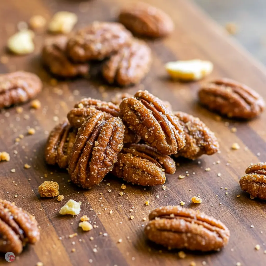 Close-up of candied gingersnap pecans — glossy, spiced coating on toasted pecan halves, arranged on parchment for gifting, Christmas Pecans Recipes.