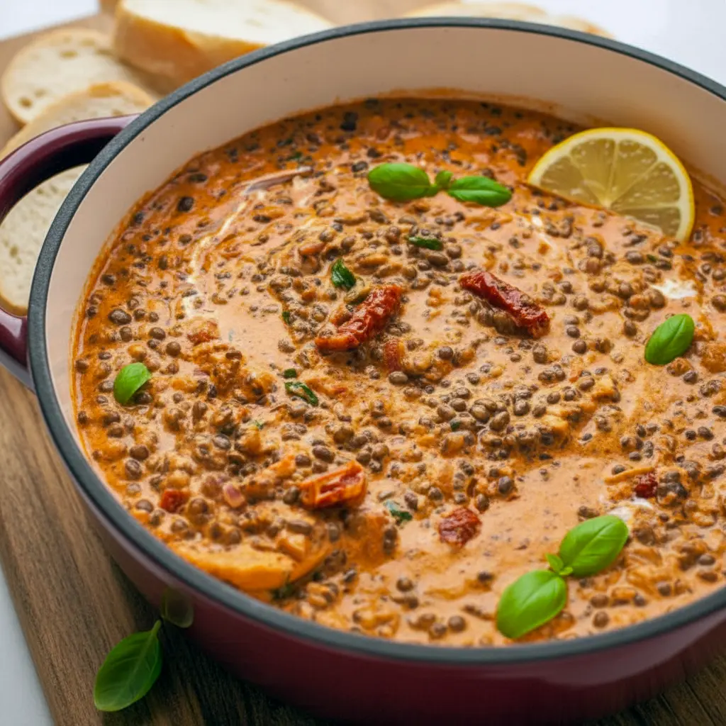 Photo of a bowl of creamy sundried-tomato lentils garnished with basil and grated cheese; ideas for What To Serve With Lentils, the Best Way To Cook Lentils, tips for Cooking With Beans And Lentils, and simple Lunches With Lentils.