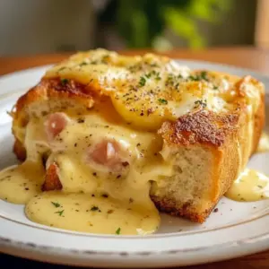 Golden-baked eggs Benedict casserole with toasted English muffin pieces, melted cheddar, chopped ham and a drizzle of hollandaise, garnished with chives, Breakfast Eggs Benedict.