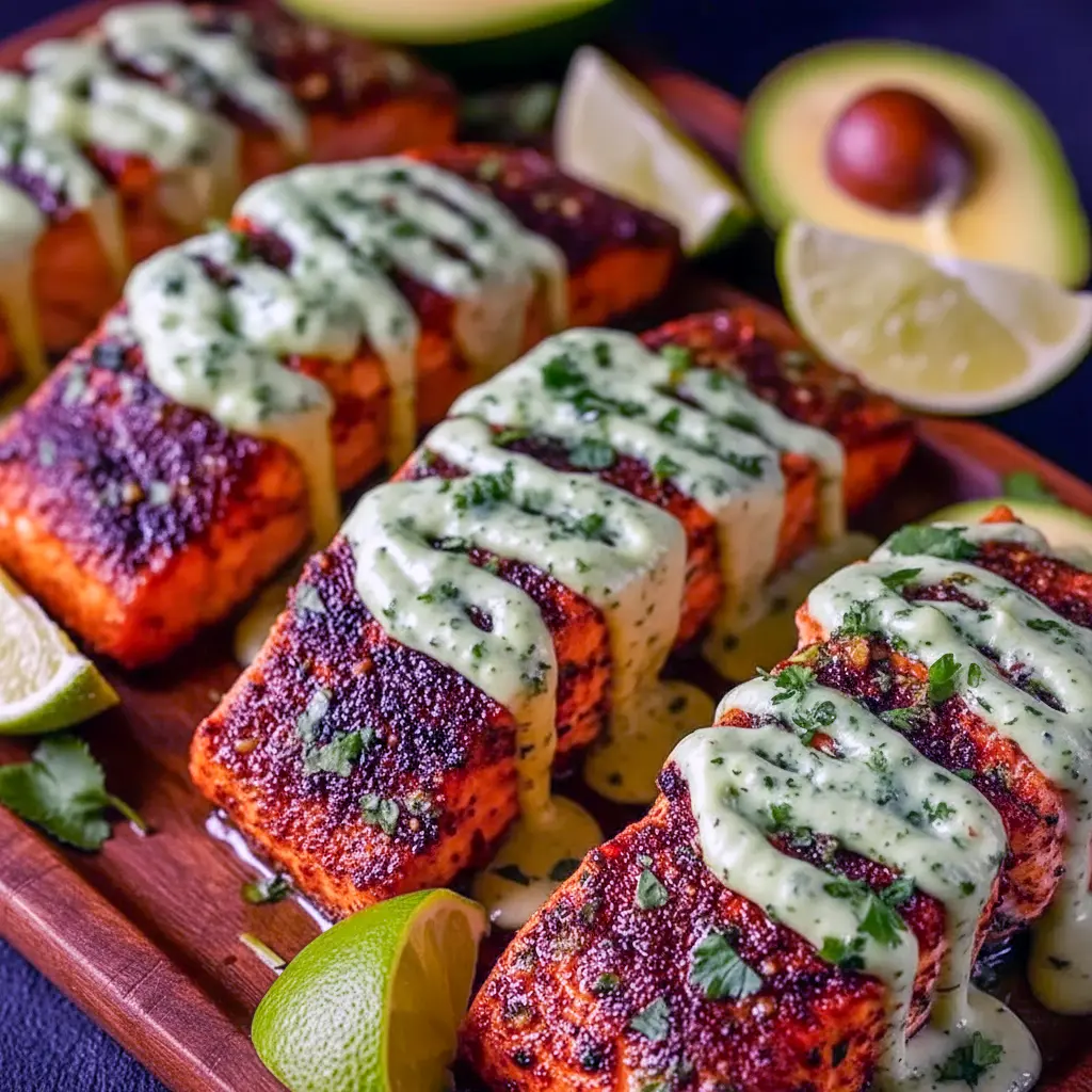 Seared Cajun salmon fillet topped with avocado-lime crema, served with rice and lime wedge, Salmon Recipes With Avocado.