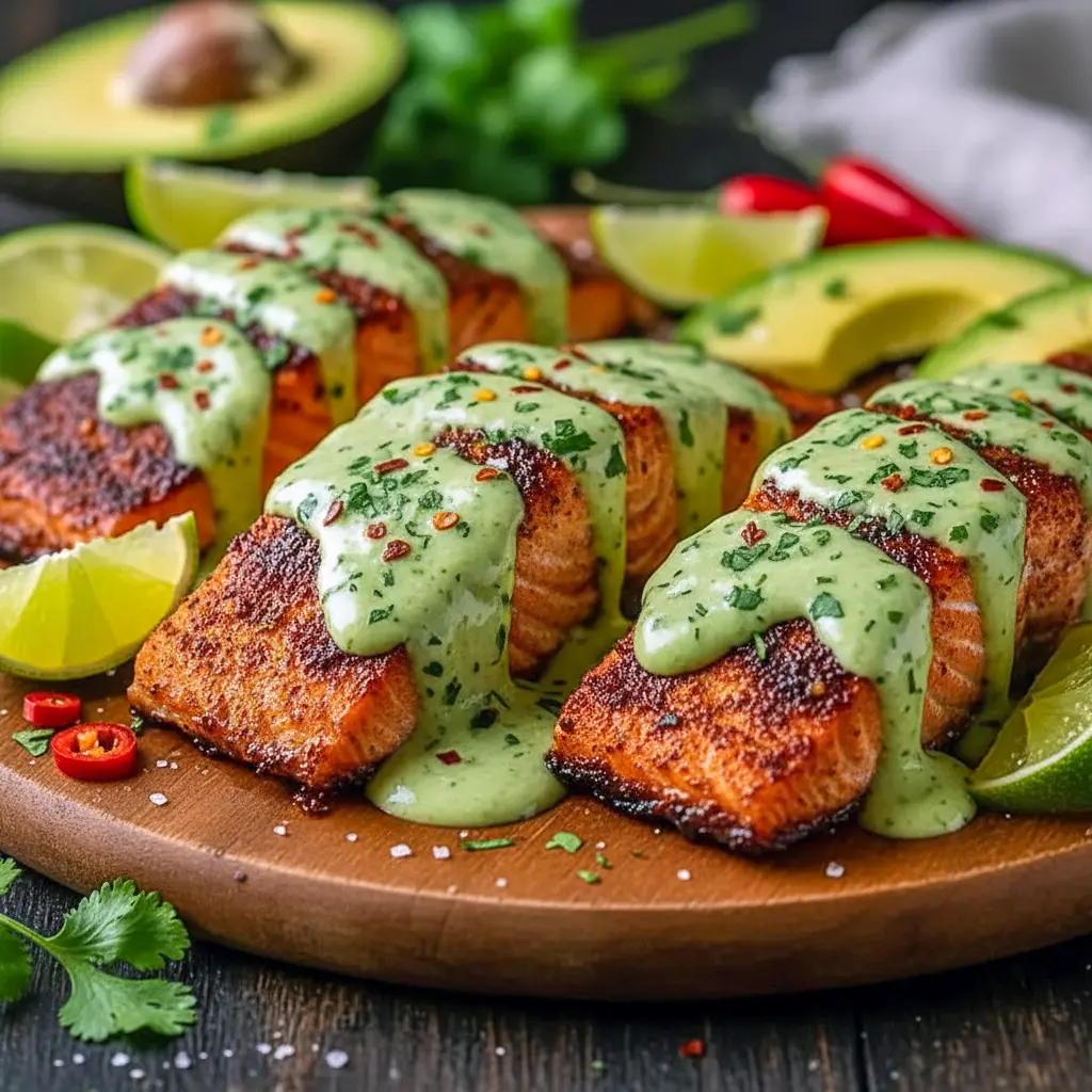 Seared Cajun salmon fillet topped with avocado-lime crema, served with rice and lime wedge.