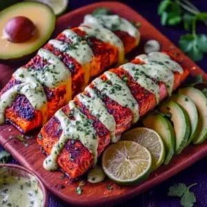 Seared Cajun salmon fillet topped with avocado-lime crema, served with rice and lime wedge.