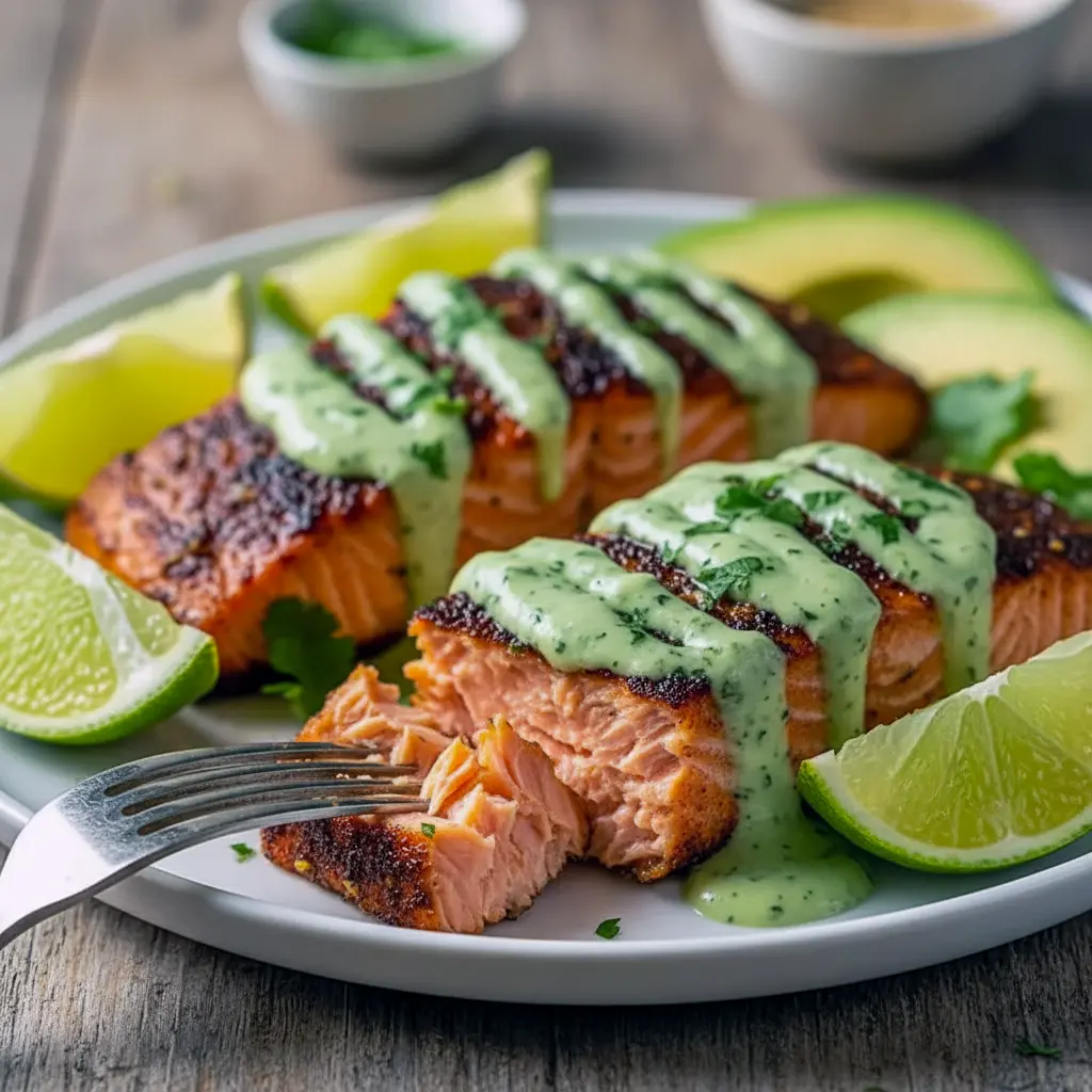 Seared Cajun salmon fillet topped with avocado-lime crema, served with rice and lime wedge.