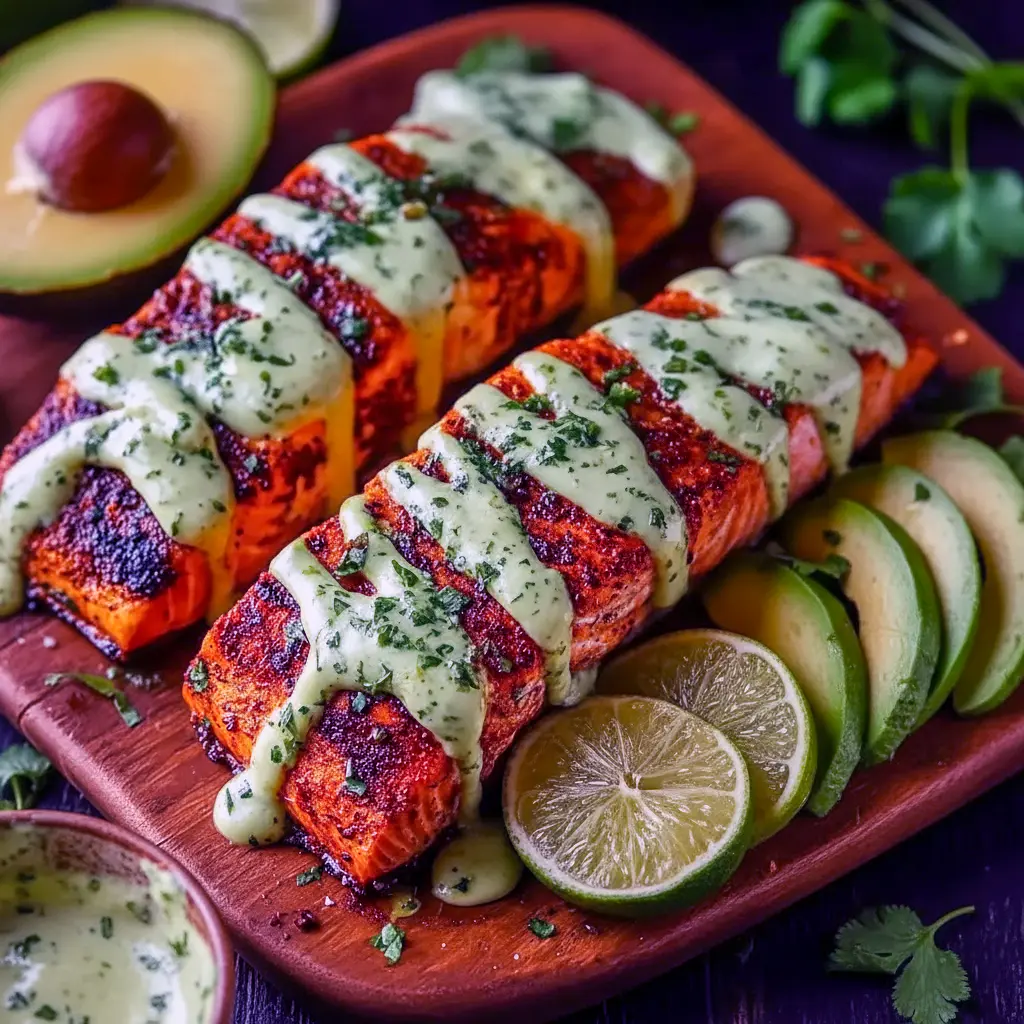 Seared Cajun salmon fillet topped with avocado-lime crema, served with rice and lime wedge.