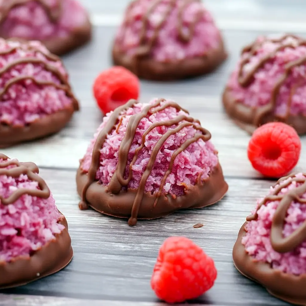 Close-up of chocolate-dipped raspberry coconut macaroons on parchment paper, golden edges and shiny chocolate coating, Easy Christmas Cookie Recipes.