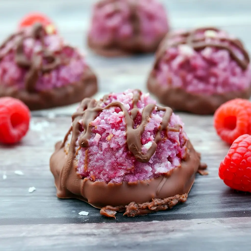 Close-up of chocolate-dipped raspberry coconut macaroons on parchment paper, golden edges and shiny chocolate coating, Easy Christmas Cookie Recipes.