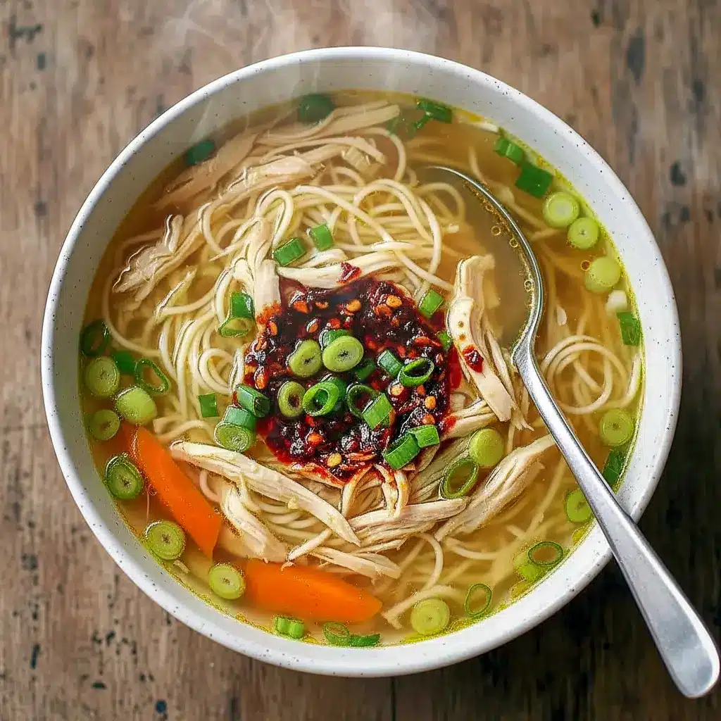 Steaming bowl of ginger garlic chicken noodle soup with shredded chicken, ramen noodles, sliced scallions, and a spoonful of chili oil on top.