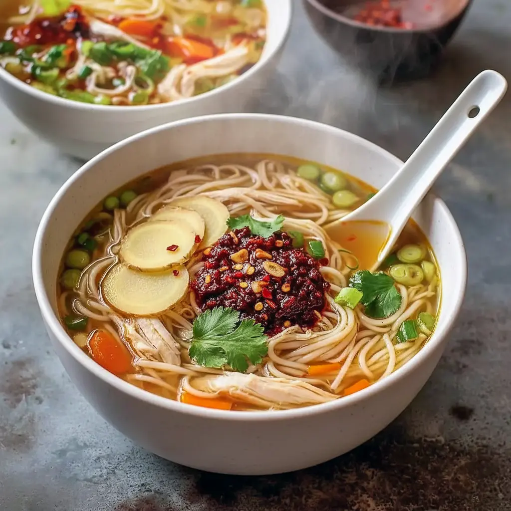 Steaming bowl of ginger garlic chicken noodle soup with shredded chicken, ramen noodles, sliced scallions, and a spoonful of chili oil on top.