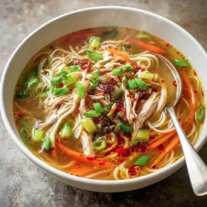 Steaming bowl of ginger garlic chicken noodle soup with shredded chicken, ramen noodles, sliced scallions, and a spoonful of chili oil on top.