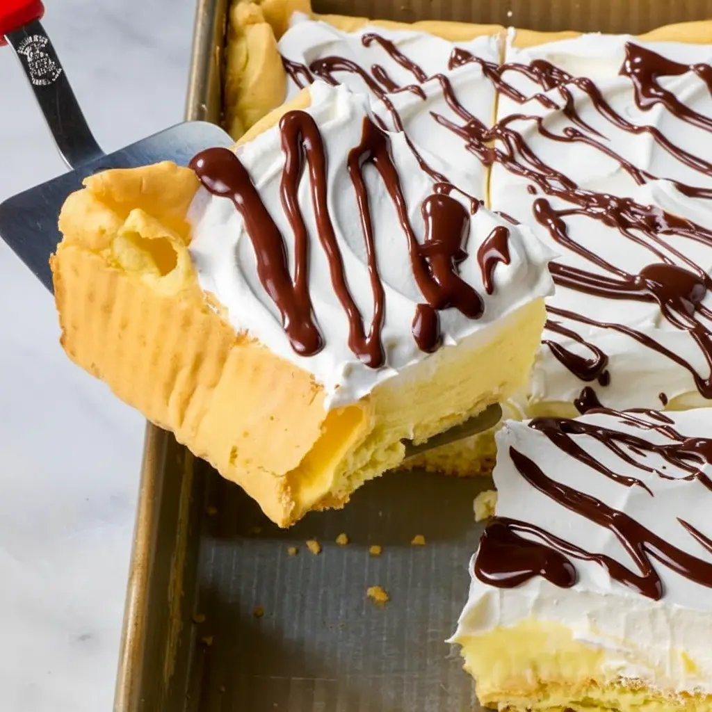 Golden cream puff cake with airy layers, silky vanilla filling, and a rich chocolate drizzle on a cozy autumn table setting, a Must Try Desserts.