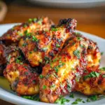 Golden, crispy Cajun-garlic chicken wings tossed in garlic butter, garnished with parsley and served with celery sticks and dipping sauce.