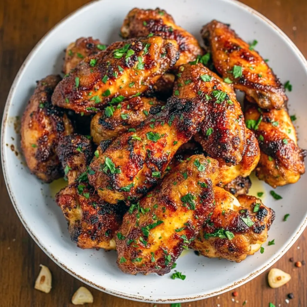 Golden, crispy Cajun-garlic chicken wings tossed in garlic butter, garnished with parsley and served with celery sticks and dipping sauce, Wing Flavor Ideas.