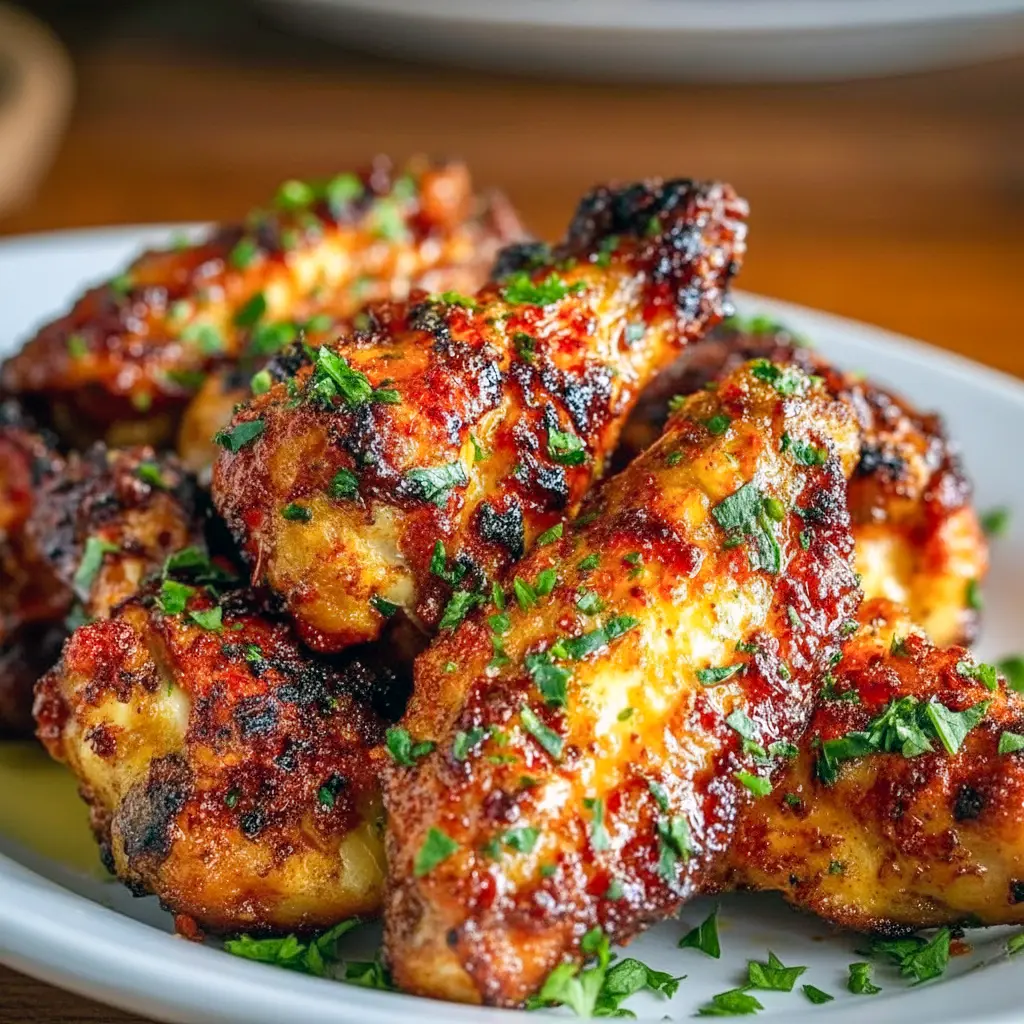 Golden, crispy Cajun-garlic chicken wings tossed in garlic butter, garnished with parsley and served with celery sticks and dipping sauce.