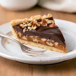 Close-up of a slice of Chocolate Turtle Pie showing glossy chocolate ganache, a brown-sugar caramel layer and a pecan-cookie crust.