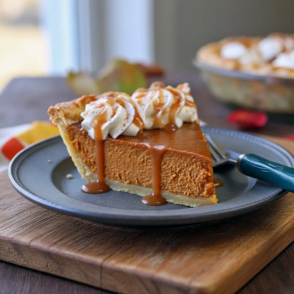 Pumpkin Caramel Pie Recipe close-up of a golden crust and glossy carameled top, styled as a Gourmet Pumpkin Pie with a Pumpkin Pie With A Twist — decadent Pumpkin Caramel Pie look inspired by an easy Dulce De Leche Pie Recipe Easy, playful Volcano Pie drizzle, hints of Salted Caramel Pumpkin Pie, subtle Mexican Pumpkin Pie spices, finished with a ribbon of Pumpkin Pie Caramel.