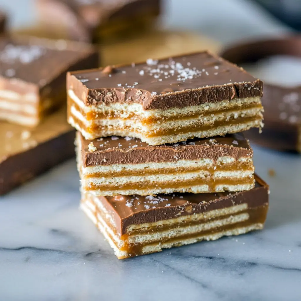 Overhead shot of Salt River Bars stacked on a board, featuring layers of caramel, crackers, and chocolate, styled like Milk Chocolate Ritz Bars and Salt River Bar Cookies, showcasing this Salt River Bars Recipe as a twist on Ritz Bars and a simple Salteen Cracker Dessert, perfect for fans of Saltine Dessert Recipes, beautifully arranged like Chocolate Candy Bars On Tray with a hint of Sweet & Salty S'mores Bars inspiration.