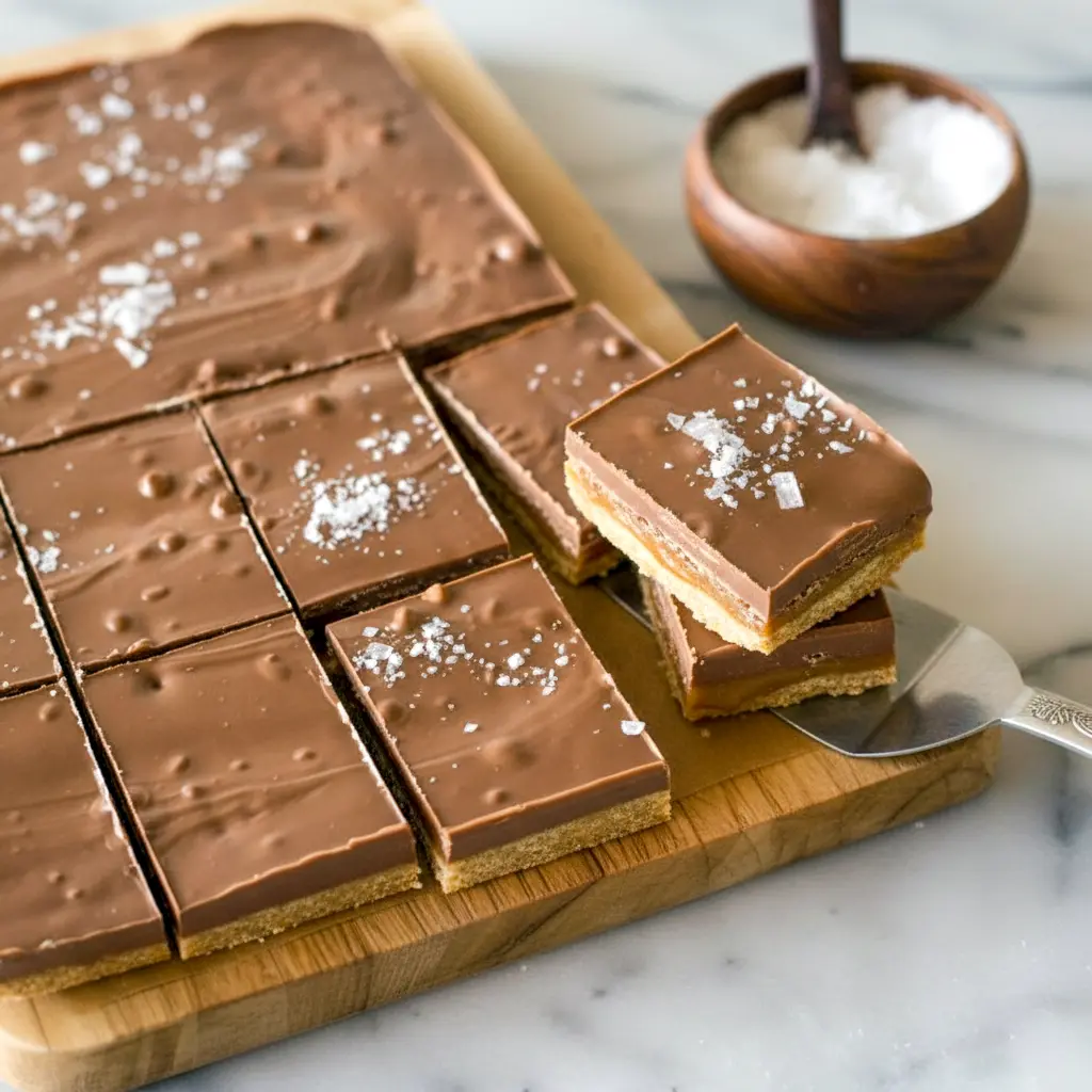Overhead shot of Salt River Bars stacked on a board, featuring layers of caramel, crackers, and chocolate, styled like Milk Chocolate Ritz Bars and Salt River Bar Cookies, showcasing this Salt River Bars Recipe as a twist on Ritz Bars and a simple Salteen Cracker Dessert, perfect for fans of Saltine Dessert Recipes, beautifully arranged like Chocolate Candy Bars On Tray with a hint of Sweet & Salty S'mores Bars inspiration.