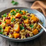 Roasted butternut squash, pearl couscous, cranberries and pecans tossed in a maple-Dijon vinaigrette, served in a white bowl, Fall Couscous Recipes.