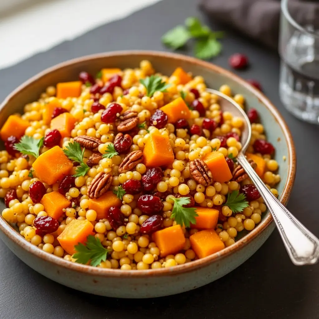 Roasted butternut squash, pearl couscous, cranberries and pecans tossed in a maple-Dijon vinaigrette, served in a white bowl, Fall Couscous Recipes.