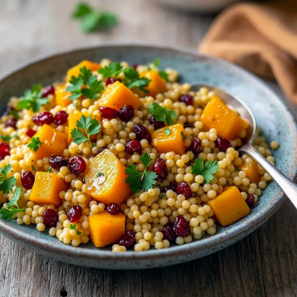 Roasted butternut squash, pearl couscous, cranberries and pecans tossed in a maple-Dijon vinaigrette, served in a white bowl, Fall Couscous Recipes.