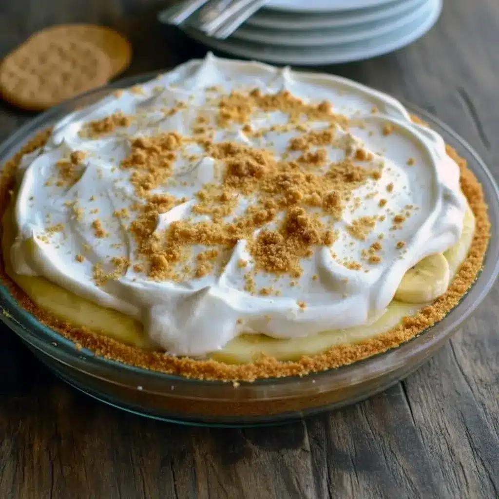 Slice of bourbon banana cream pie on a white plate, showing layers of golden cookie crust, banana slices, creamy custard, and a cloud of whipped cream with cookie crumb garnish, Dinner Desserts.
