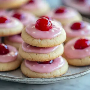Plate of glazed cherry almond cookies with visible cherry pieces and red sugar, arranged on a holiday napkin.