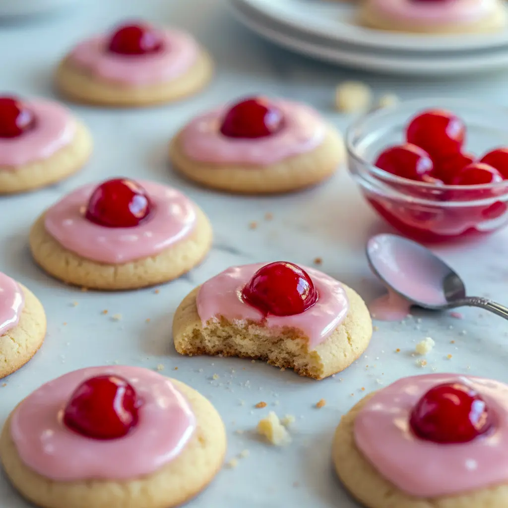 Plate of glazed cherry almond cookies with visible cherry pieces and red sugar, arranged on a holiday napkin.