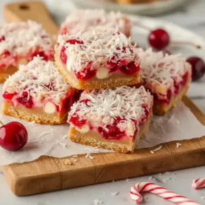 Tray of golden Cherry Coconut Bars with visible cherries and shredded coconut, styled on a wooden board — ideal Cherry Chews Recipe for bake sales, a plate of Cherry Nut Bars and Cherry Dream Bars, pictured as a Cherry Dream Squares Recipe and easy Cherry Chews to grab; also works as a Coconut Chewies Recipe, classic Cherry Magic Bars, or Cherry Coconut Squares Recipe.